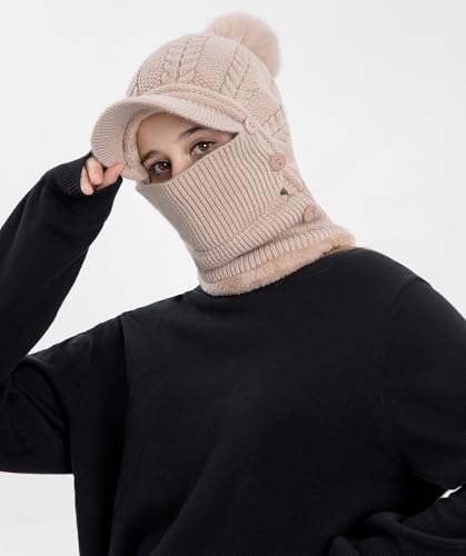 HUAMULAN Women Cable Knit Balaclavas Winter Fleece Lined Beanie Hat - color: Khaki With Pompom