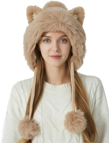 Womens Beanie Winter Hats Warm Pompom Faux Fur Crochet Skull Ear Cap - color: Khaki