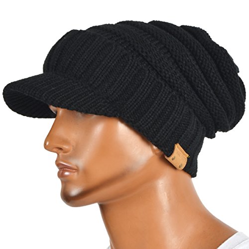 Mens Slouch Beanie Vintage Knit Cadet Cabbie Skull Cap with Visor B319 - color: Ribbed-black