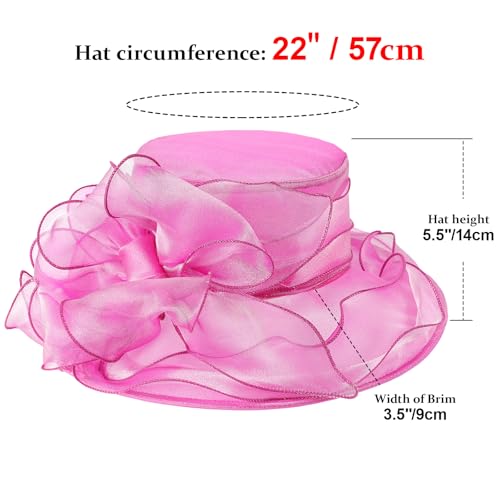 AQOKKA Women Organza Church Fascinators Kentucky Derby Hats for Women and Girls Wedding Flower Tea Party Hat with Wide Brim - color: Organza Big Bow : Deep Pink