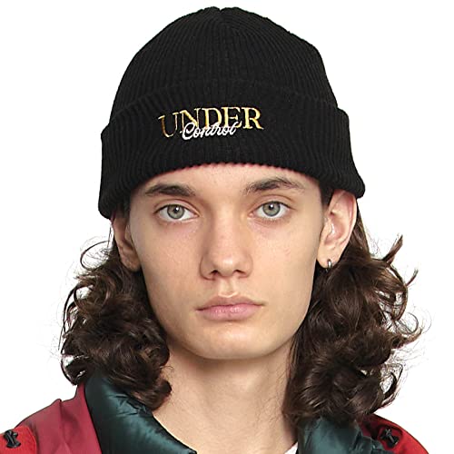 UNDERCONTROL Logo Label Patch Unisex Fall Winter Short Thick Cuffed Rollup Warm Beanie Korea Trawler Fisherman Knit Skull Hat - color: Athletic Black