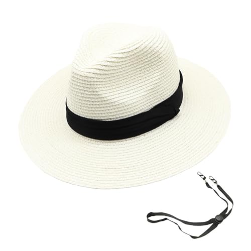 Womens Mens Wide Brim Straw Panama Hat Beach Sun Hat Summer Wide Brim Straw Roll up Hat Fisherman's UPF 50 - color: White