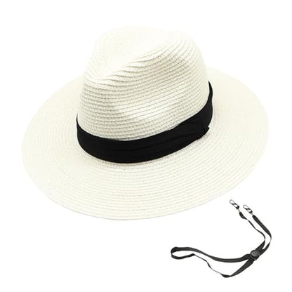 Womens Mens Wide Brim Straw Panama Hat Beach Sun Hat Summer Wide Brim Straw Roll up Hat Fisherman's UPF 50 - color: White