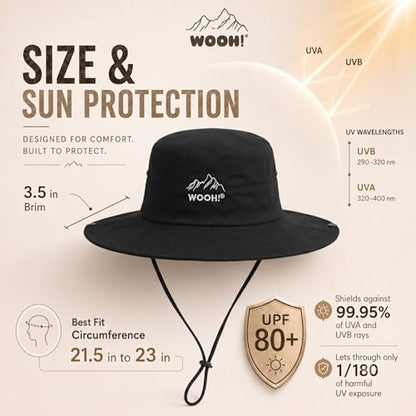 WOOH Sun Hats for Women,UPF80+ Wide Brim Foldable Bucket Hat with Adjustable Chin Strap,Summer Hat for Beach Hiking Gardening - color: Black