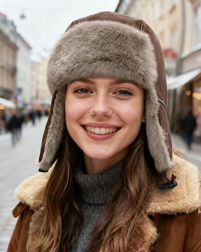 CLAPE Winter Trapper Hat with Ear Flaps, Warm Faux Fur Lined Windproof Snow Cap Aviator Hat with Reflective Strap - color: Pl2509-brown