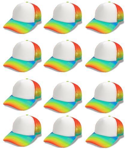 12 Pcs Sublimation Blank Trucker Hats Bulk Mesh Snapback Baseball Cap Mesh Trucker Caps for Men and Women DIY Custom Hats - color: Rainbow