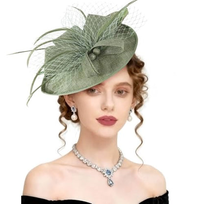 AQOKKA Women Fascinators Hats Flower Mesh Feathers Headband Clip - color: 1 Pc Feather Fascinators : Light Green