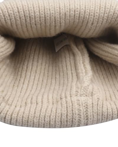 Women Sparkly Sequins Knitted Beanie Hat Warm Winter Skull Cap with Faux Fur Pom Pom - color: X Beige With Knit Cuffs