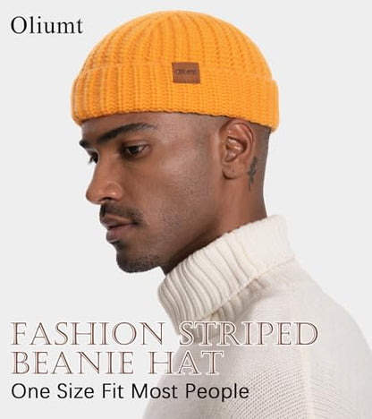 Fisherman Short Beanie Hats for Men, Knit Skull Cap Cuff Trawler Hat Mens Stylish Watch Cap Winter Warm Hat for Daily Wear - color: Black, Yellow