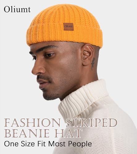 Fisherman Short Beanie Hats for Men, Knit Skull Cap Cuff Trawler Hat Mens Stylish Watch Cap Winter Warm Hat for Daily Wear - color: Black, Yellow