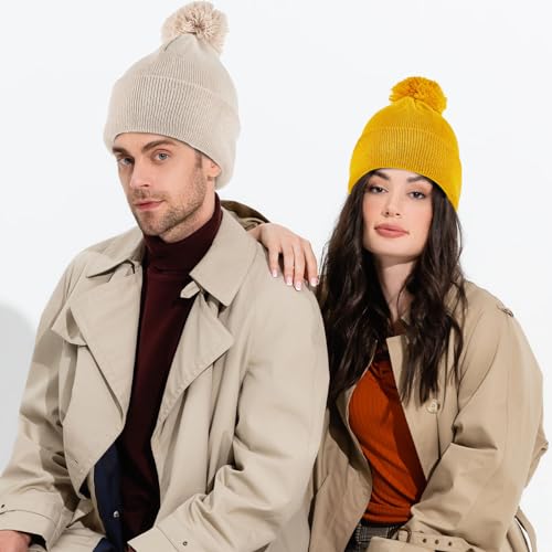 Geyoga 2 Pcs Pom Beanie Hat Men Women Winter Hat Pom Knit Cap Beanies with Ball at Top Acrylic Winter Cap with Cuff - color: Beige, Ginger Yellow, style: Classical
