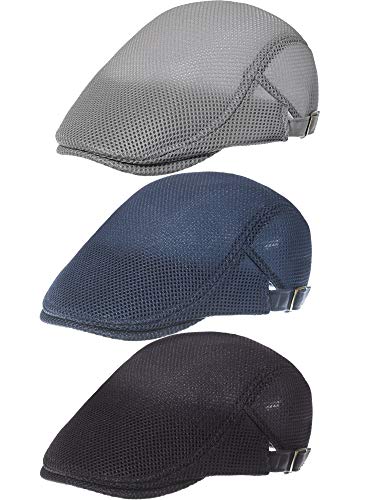 Geyoga 3 Pcs Mesh Newsboy Cap, Adjustable Mesh Cap - color: Light Gray, Navy Blue, Black