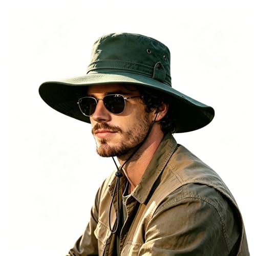 Sun Fishing Hat for Men UPF 50+ Wide Brim Boonie Hats for Summer - color: Army Green