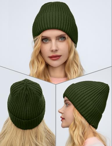 Satin Lined Wool Acrylic Blend Beanie Hat Women Men, Winter Knit Cap - color: Army Green