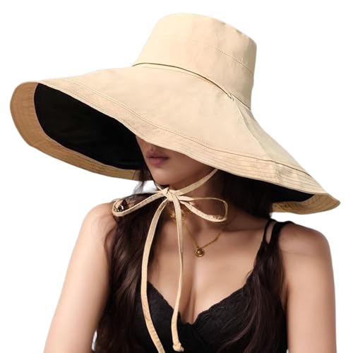Wide Brim Sun Hats for Women UV Protection Reversible Bucket Hat Foldable Beach Hats Summer Hat for Garden Travel - color: Khaki Black