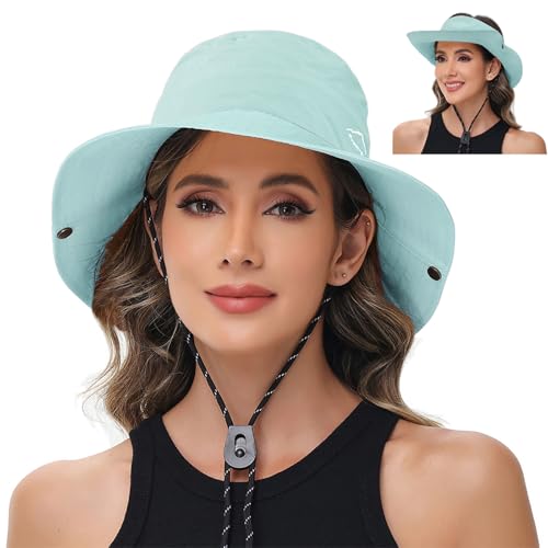 Sun Hats for Women Bucket Hat UV Protection Fishing Hat Wide Brim Safari Hats 2 in 1 Zip-Off Sun Visor Hats UPF 50+ - color: 1pack-light Blue