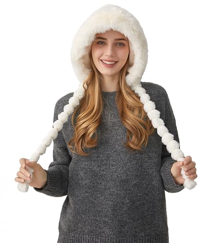 HUAMULAN Women Winter Sherpa Beanie Hats Knit Ear Flaps Fleece Lined - color: Cream White With Braids