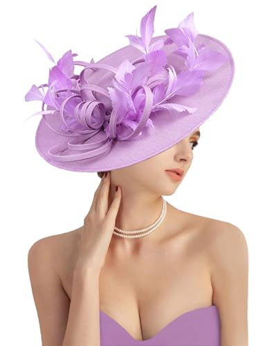 dressfan Fascinator Hats for Women,Linen Vintage Feather Headwear for Derby/Church/Wedding/Cocktail/Tea Party - color: Lilac