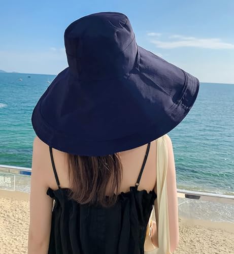 HUAMULAN Women Summer Vacation Wide Brim Sun Hat Reversible Fishing Hats - color: Navybeige