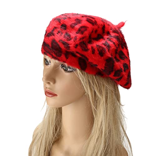 Fluffy Leopard Print Beret Hat Trendy Cheetah Pattern French Hats Winter Warm Artist Caps for Women Lady - color: Red