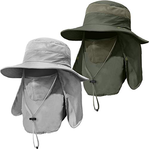2 Pieces Men's Wide Brim Fishing Hat Outdoor UPF 50+ Sun Protection Removable Face and Neck Flap - color: Light Grey & Army Green
