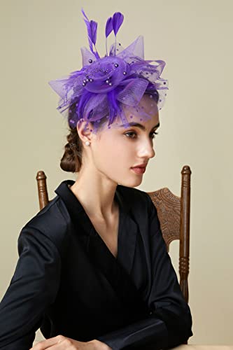 BABEYOND Fascinators Hats for Women Tea Party Flower Tulle Bead Derby Hat - color: Purple