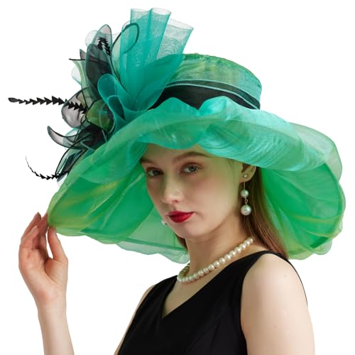 Women Organza Church Derby Hat Wide Brim Sun Caps for Wedding Tea Party Hat with Detachable hat Flower as Headgear - color: 10-green