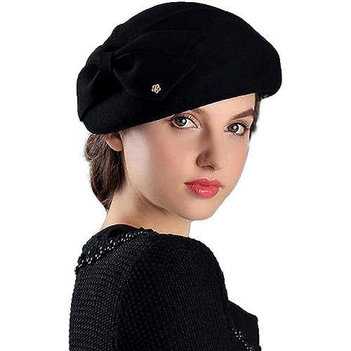 Women Vintage Bowknot Berets with Beading Autumn Winter French Artist Hat Painter Hats Female Bowler Hat Warm Cap - color: Black