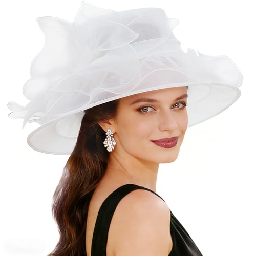 AQOKKA Women Organza Church Fascinators Kentucky Derby Hats for Women and Girls Wedding Flower Tea Party Hat with Wide Brim - color: Organza Big Bow : White