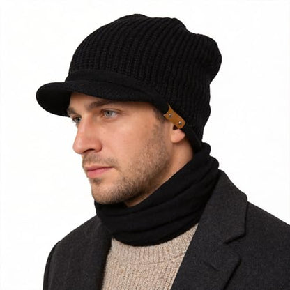 Winter Beanie with Visor - Stylish Knit Hat with Bill - Thick Brimmed Beanies with Fleece Lining Men and Women - color: B326-black