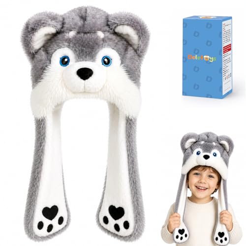 Moving Ear Hat, Soft Funny Animal Hats Jumping Beating Plush Caps Holiday Cosplay Dress Up Gift for Adult - style: Husky