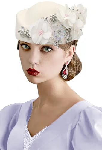 Women's Retro British Felt Headscarf Hat Church Derby Headdress with Floral Women's Soft Beret - color: White