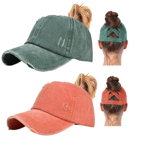2 Packs Womens Criss‑Cross High Ponytail Trucker Hat, Cotton Vintage Washed Distressed Adjustable Baseball Cap - color: 2pcs 32