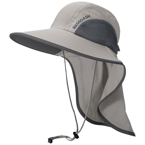 BASSDASH UPF 50+ Unisex Water Resistant Wide Brim Sun Hat with Large Neck Flap Ponytail Fishing Hat for Men Women - color: Light Grey/Dark Grey