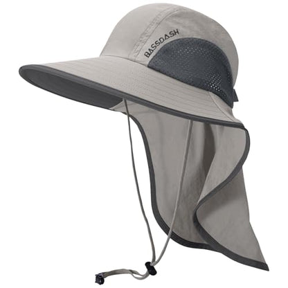 BASSDASH UPF 50+ Unisex Water Resistant Wide Brim Sun Hat with Large Neck Flap Ponytail Fishing Hat for Men Women - color: Light Grey/Dark Grey