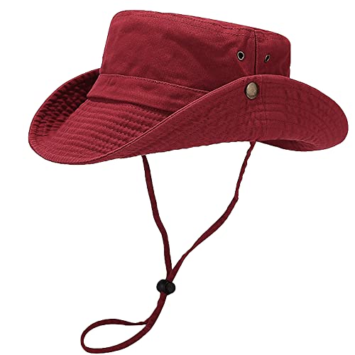 Unisex Cotton Boonie Hat Summer Fishing Bucket Hat Sun Hat with String - color: Solid Dark Red