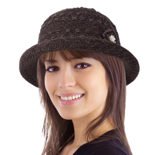 Women Winter Knit 1920s Vintage Bucket Bowler Hat Round Brim Warm Hat - color: 2dark Khaki