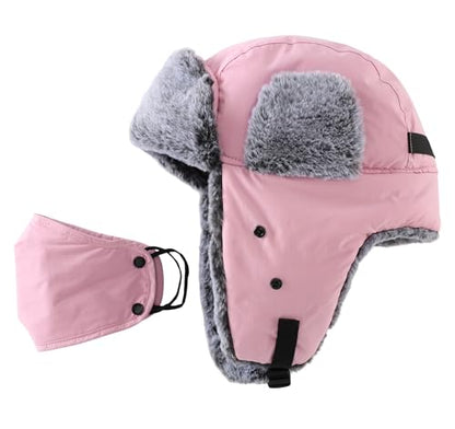 Connectyle Trapper Hat for Men Women Faux Fur Trooper Trapper Winter Hat with Ear Flaps Waterproof Ushanka Hunting Hats - color: Pink