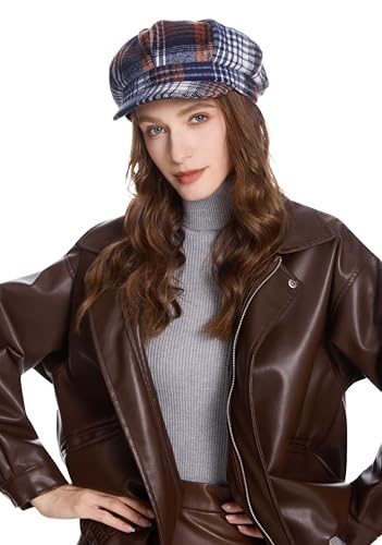 ZLYC Women Classic Newsboy Cap Visor 8 Panel Gatsby Cabbie Paperboy Hat - color: Plaid Royal Blue and Khaki