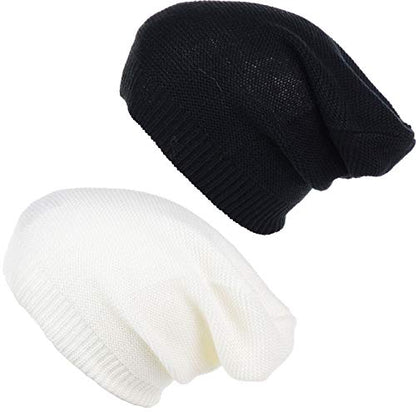 an Unisex Striped Knit Slouchy Beanie Hat Lightweight Soft Fashion Cap - color: 5014-2pk-wht