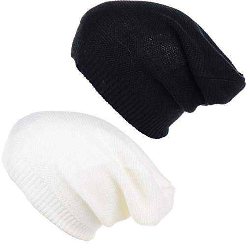 an Unisex Striped Knit Slouchy Beanie Hat Lightweight Soft Fashion Cap - color: 5014-2pk-wht