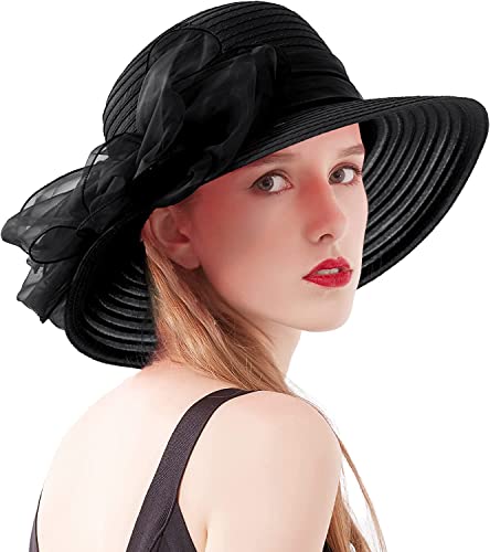 Women's Kentucky Derby Church Dress Hat Wide Brim Leaf Flower Bridal Shower Hat - color: 01 Black
