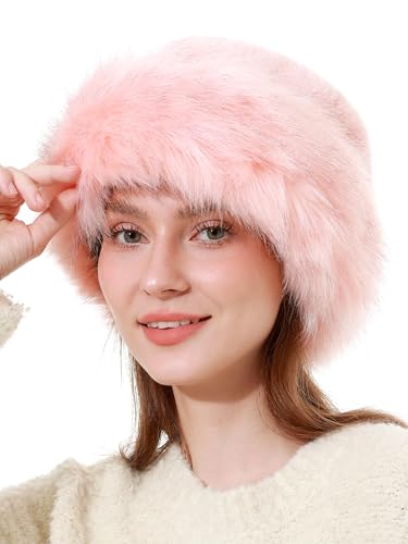 sy soul young Women's Leopard Faux Fur Hats Fluffy Bucket Hat Russian Style - color: Pink