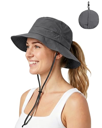 Womens Ponytail Sun Hat UPF50+ Waterproof Bucket Hat Packable Beach Hat - color: Dark Grey