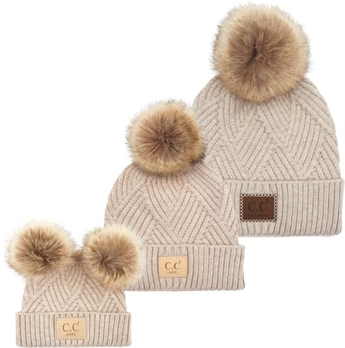 Funky Junque Mommy & Me Double Pom Beanies 3-Pack Matching Winter Hats for Mom, Toddler & Infant Girls, Cozy Knit Family Set - color: Diagonal Basketweave - Beige