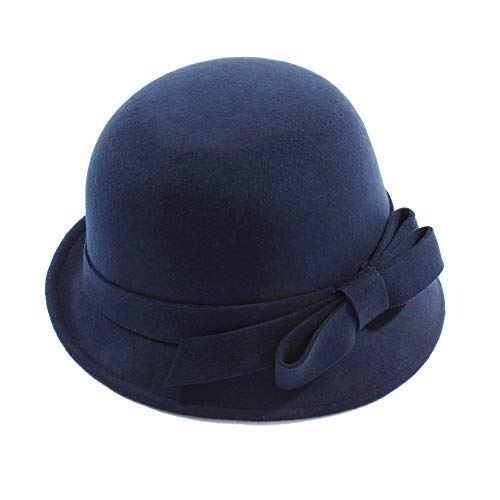 Ladies Wool Felt Bucket Hat Women Vintage Cloche Fedora Winter Church Bowler Hat with Bow - color: Navy