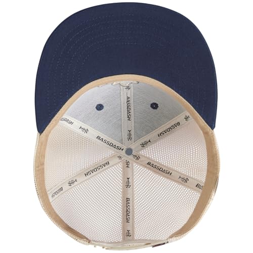BASSDASH Flat Brim Trucker Cap Adjustable Snapback Hat Mesh Back for Men Women - color: Dark Blue Fish Maple
