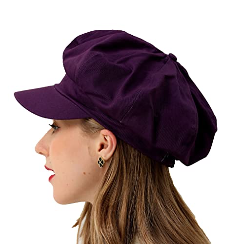 Womens Newsboy Cap Summer Beret Cap- 100% Cotton 8 Panels Vintage Cabbie Hat- Octagonal Visor Cap for Women Girls Ladies Gift - color: Purple