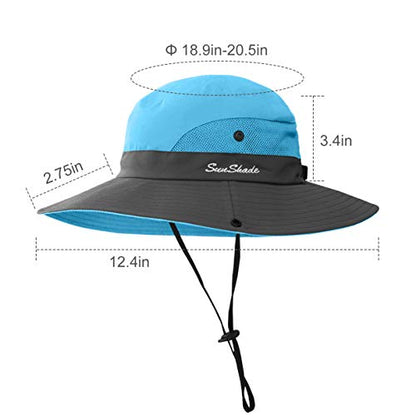 LCZTN Kids Ponytail Sun Hat Wide Brim UV Protection for Girls Beach Bucket Cap - color: Sky Blue, size: Medium