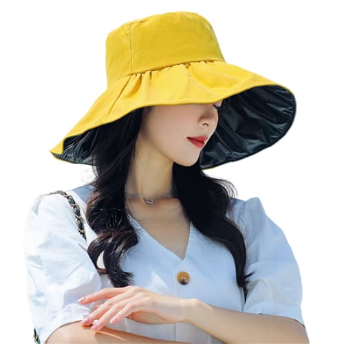 Women Summer Rain UV UPF 50 Sun Protection Wide Brim Hat - Foldable Bucket Sun Hat - color: Yellow